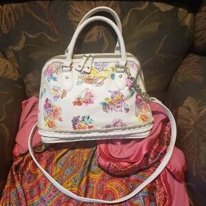 Betsey Johnson white w/ pastel floral shoulder bag crossbody purse butterflies